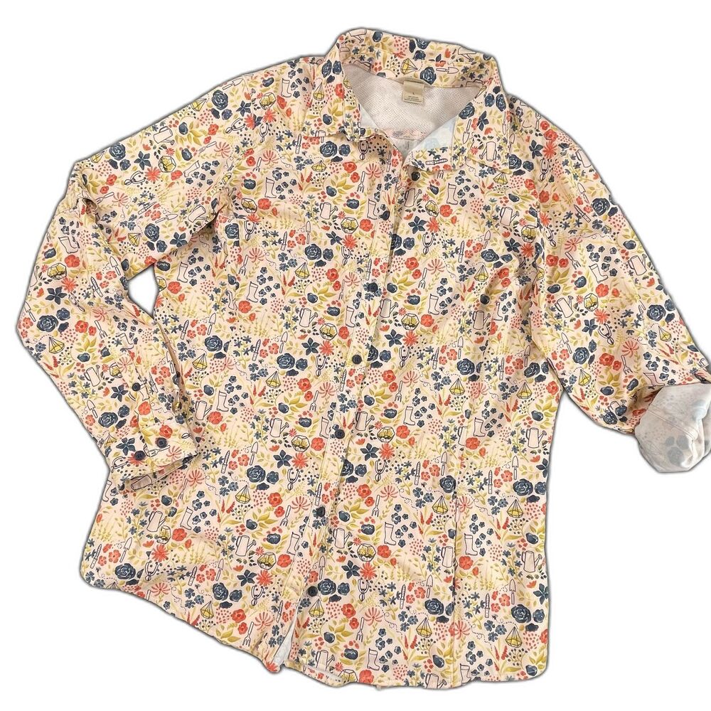 Duluth Trading Co. Garden Tool Print Shirt L Wrinklefighter Roll Tab Cottagecore
